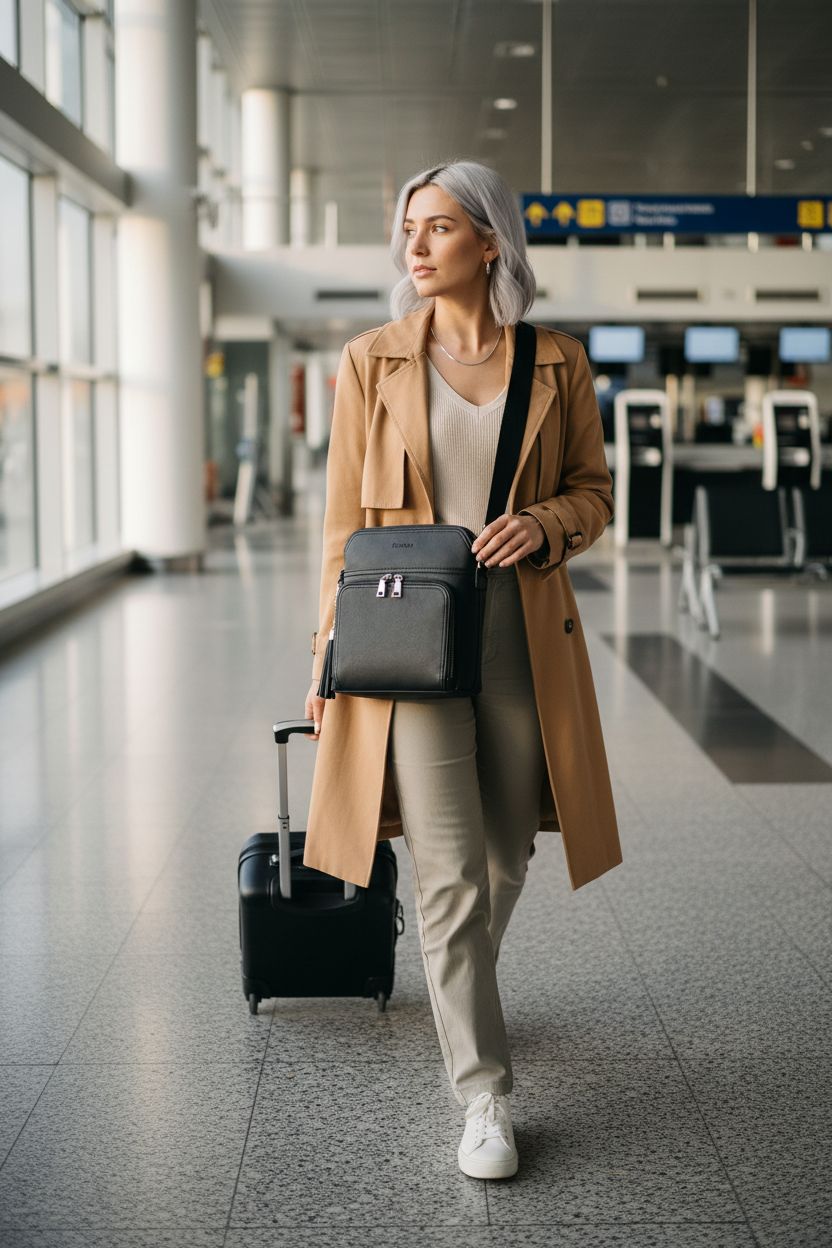 Roulens crossbody purse in a stylish travel setting with vegan leather detail