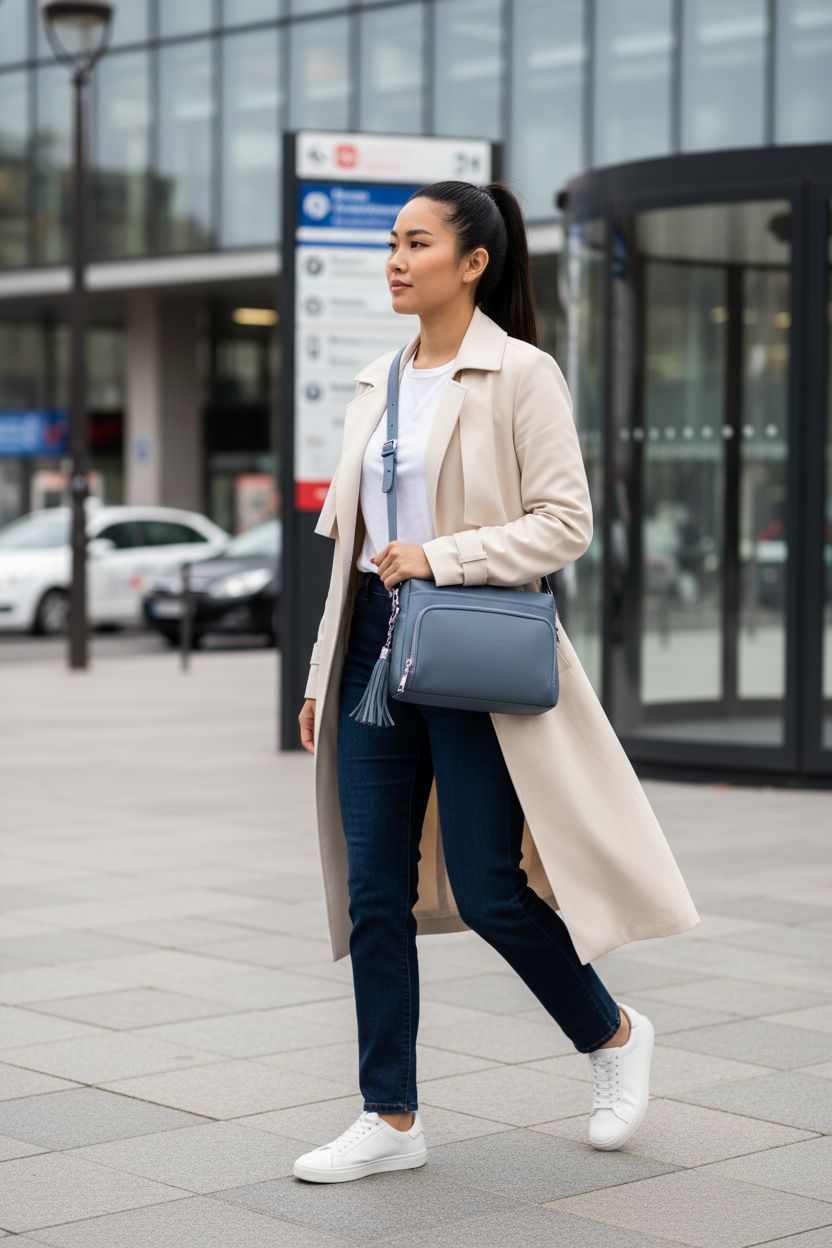 Befen small crossbody purse in light blue worn across the body, stylish and hands-free for travel