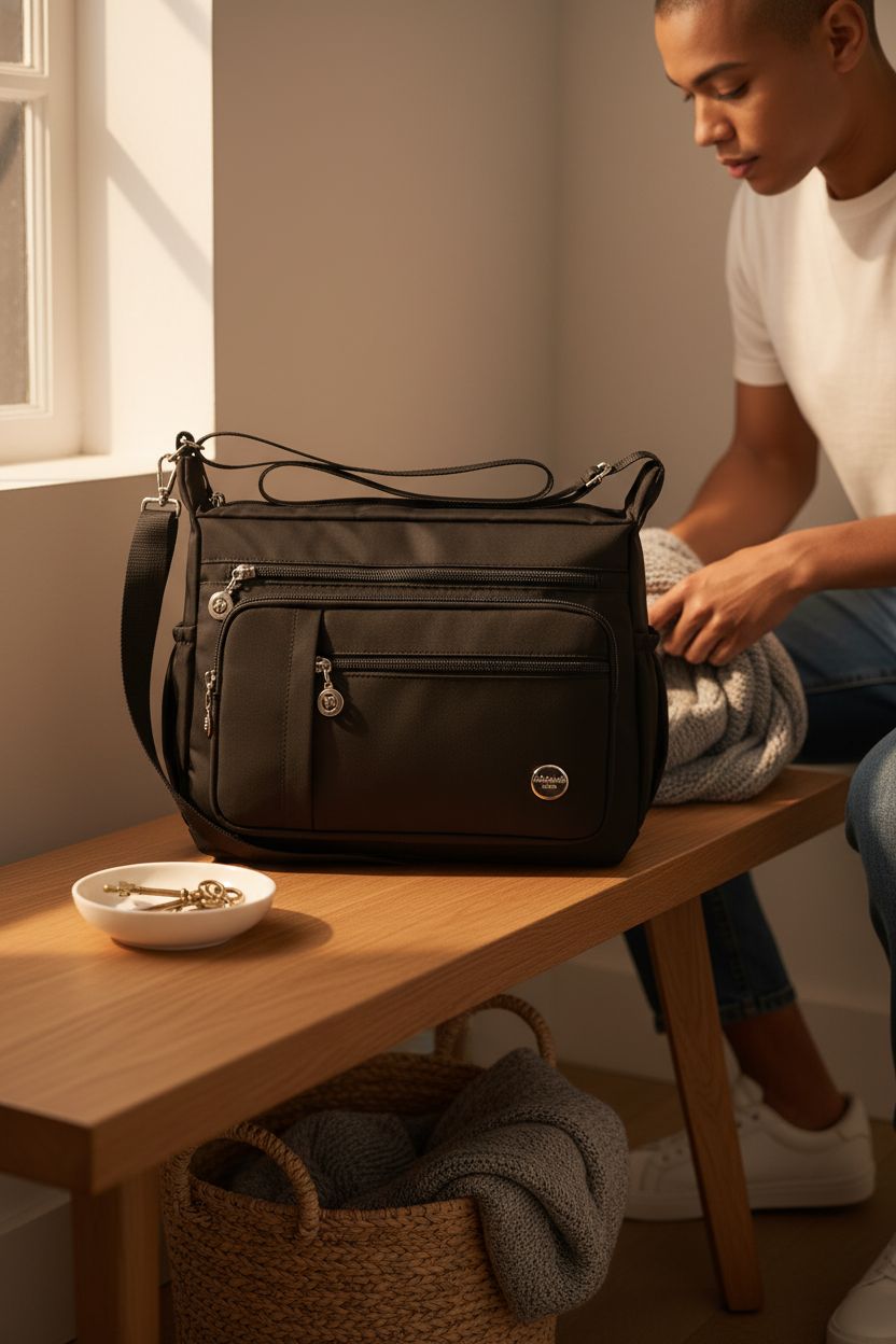 MINTEGRA handbag resting in a cozy entryway, front pockets slightly open next to keys and a scarf.