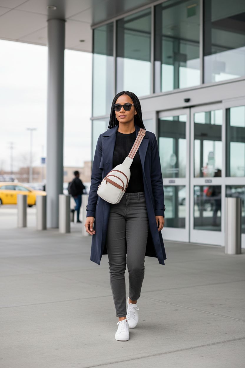 BOSTANTEN Small Sling Bag in beige with brown trim, worn over shoulder while on the go at transit hub