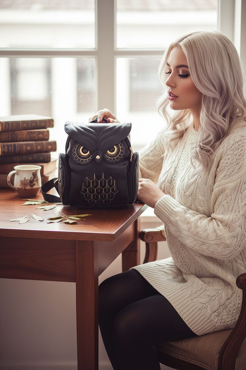 Charming owl backpack by WYSBAOSHU on a vintage desk, perfect for cozy reading nooks.