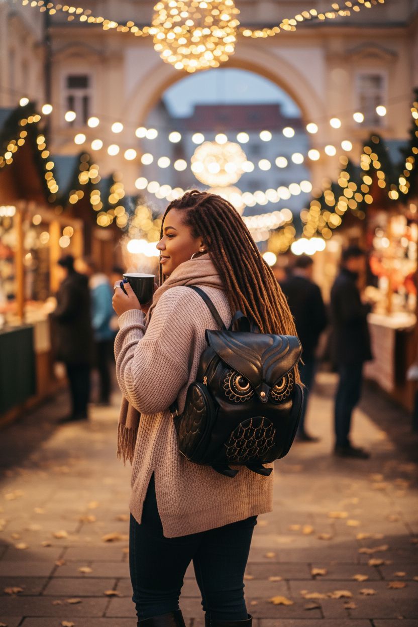 Black PU leather owl backpack by WYSBAOSHU, stylishly worn at a cozy evening market.
