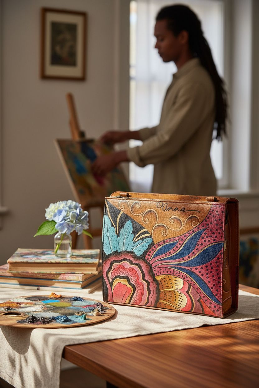 Anna by Anuschka painted leather purse beside art books in a cozy artist's nook.