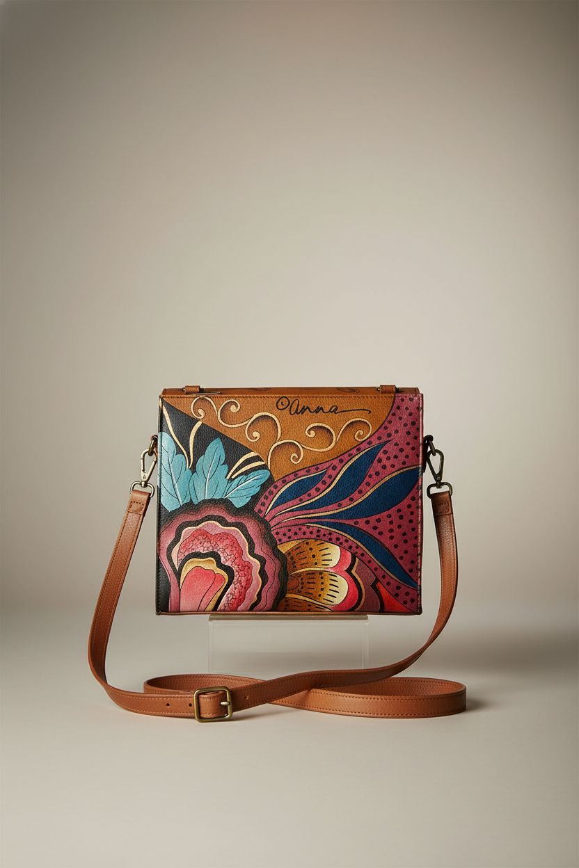 Product shot of Anna by Anuschka painted leather crossbody bag showcasing its details.