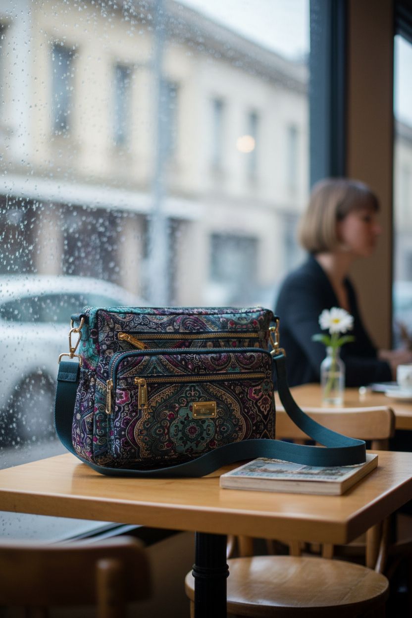 HERCMNOY paisley purse on café table, evoking travel ease with its waterproof nylon material.