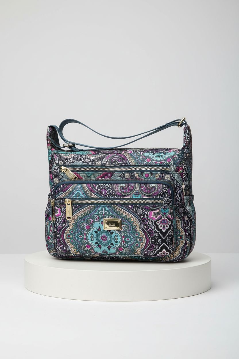 HERCMNOY paisley crossbody bag displayed in studio, emphasizing its sleek design and functional pockets.