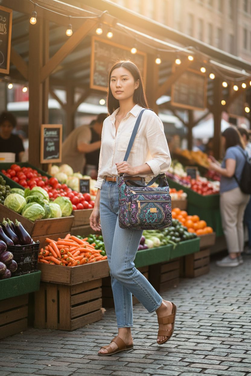HERCMNOY paisley crossbody bag at farmers market, highlighting trendy design and vibrant colors.