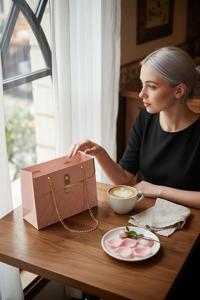 NADUSEP paper purse resting on a café table beside a latte, capturing cozy elegance.