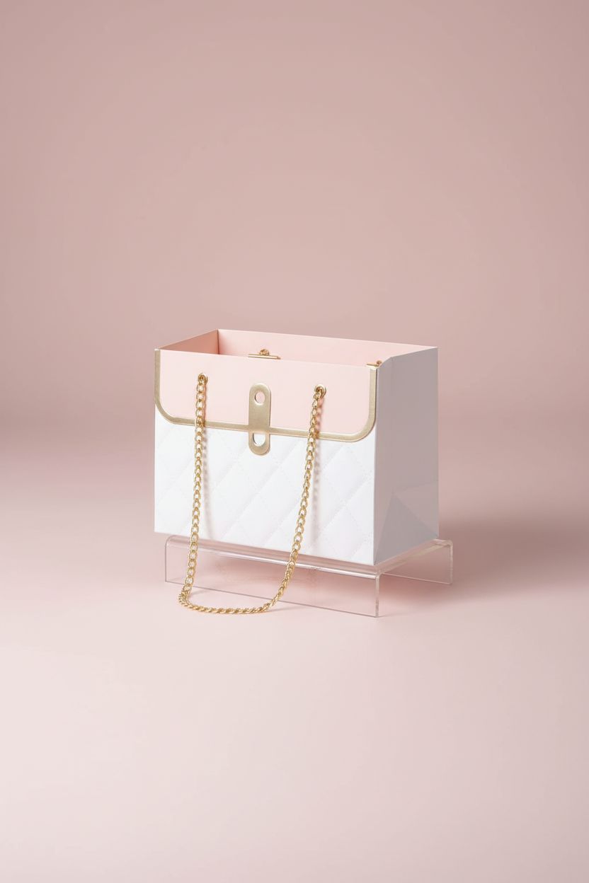 NADUSEP white and pink paper purse on a seamless backdrop, showcasing its elegant design.