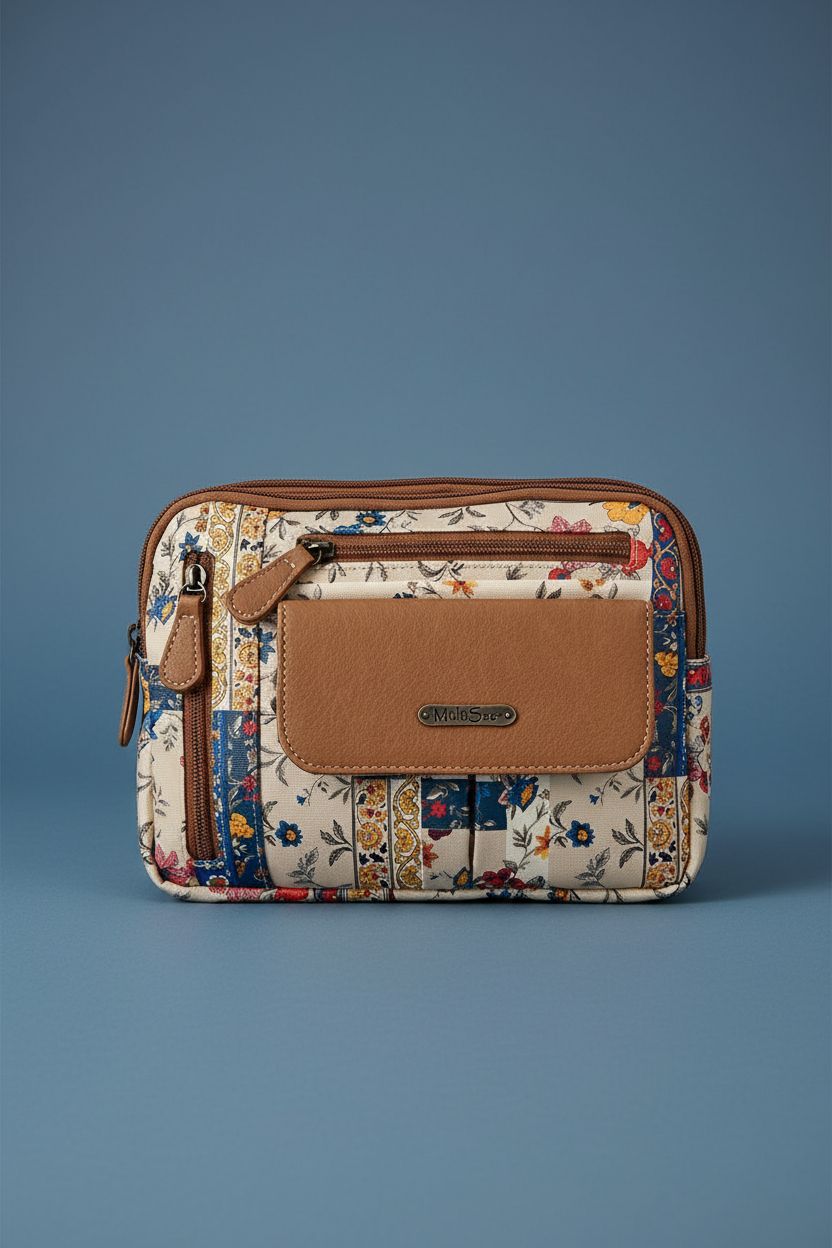 Product shot of MultiSac patchwork crossbody bag highlighting its triple-zip design and quality details.