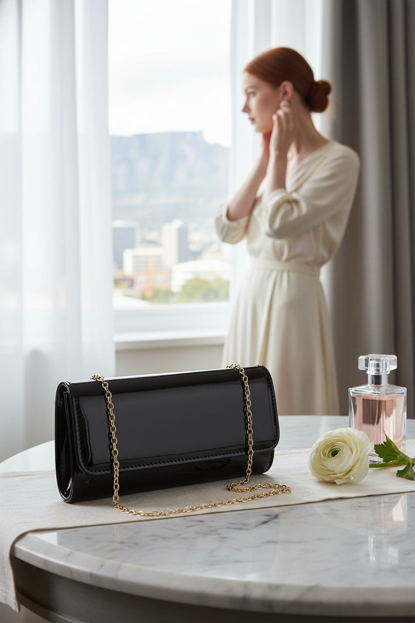 DETARA black patent leather clutch elegantly displayed on a marble console.