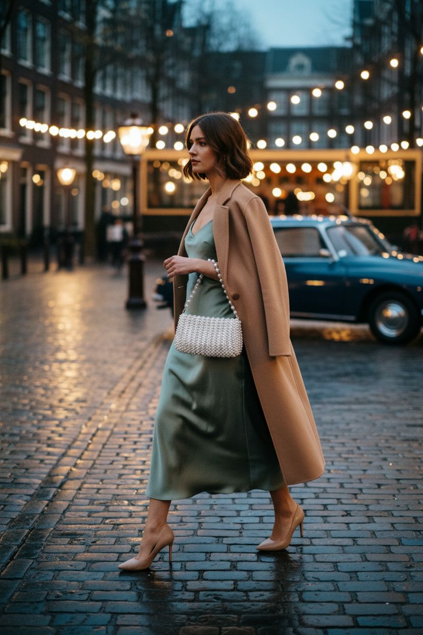 CHIC DIARY pearl shoulder bag at a wedding venue, glowing under string lights with a stylish dress.