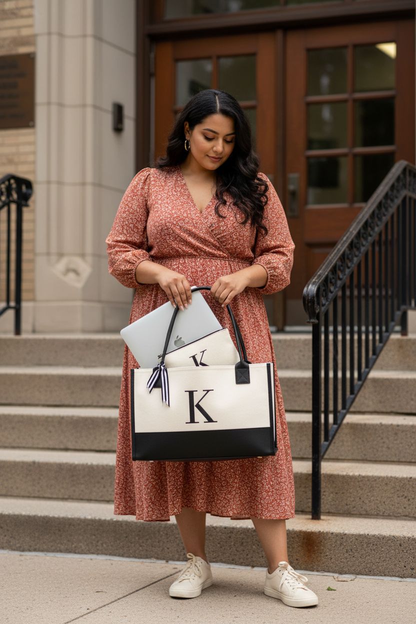 OATALY Monogrammed Canvas Tote Bag with zipper pockets for organization, perfect for school.