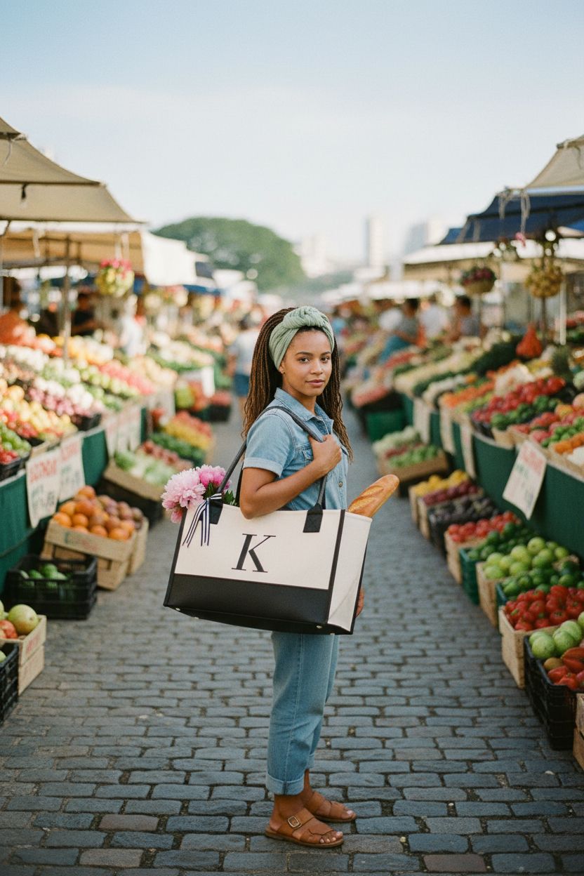 OATALY Monogrammed Canvas Tote Bag with baguette and flowers at a farmers' market.