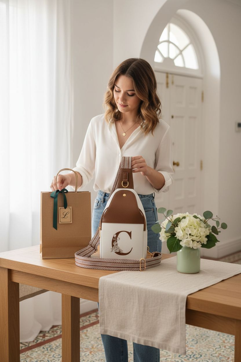 Personalized Lizznoe handbag beside a gift bag on a cozy oak console, evoking a warm gifting moment