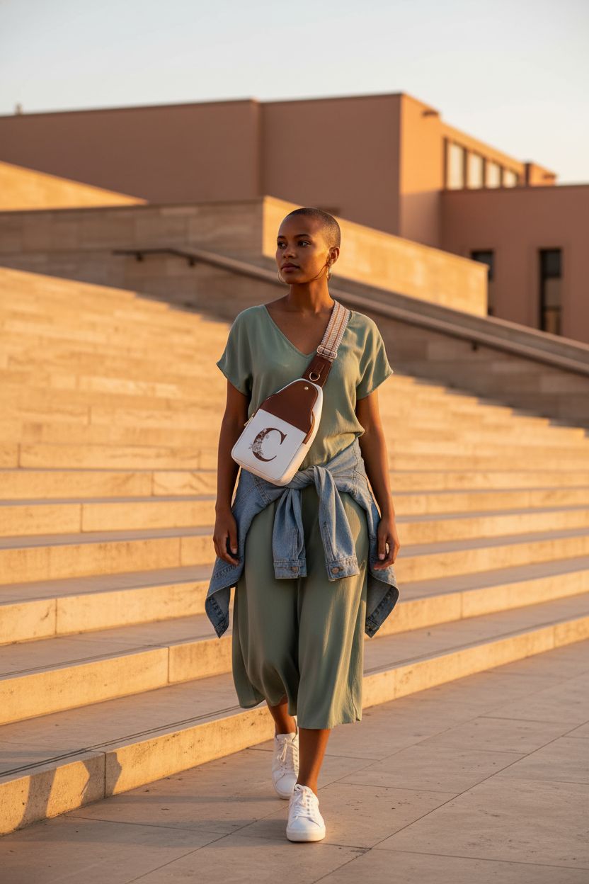 Personalized Lizznoe crossbody bag in white and caramel leather with gold hardware, showcased outdoors