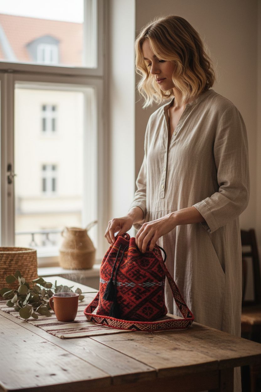 Shamans Market red drawstring bag on a rustic table, surrounded by cozy artisan home decor elements.