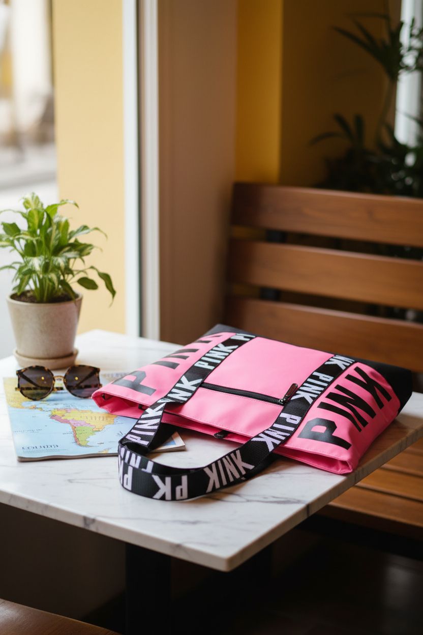 Boomistry pink tote bag in a cozy café setting, showcasing its stylish design and waterproof material