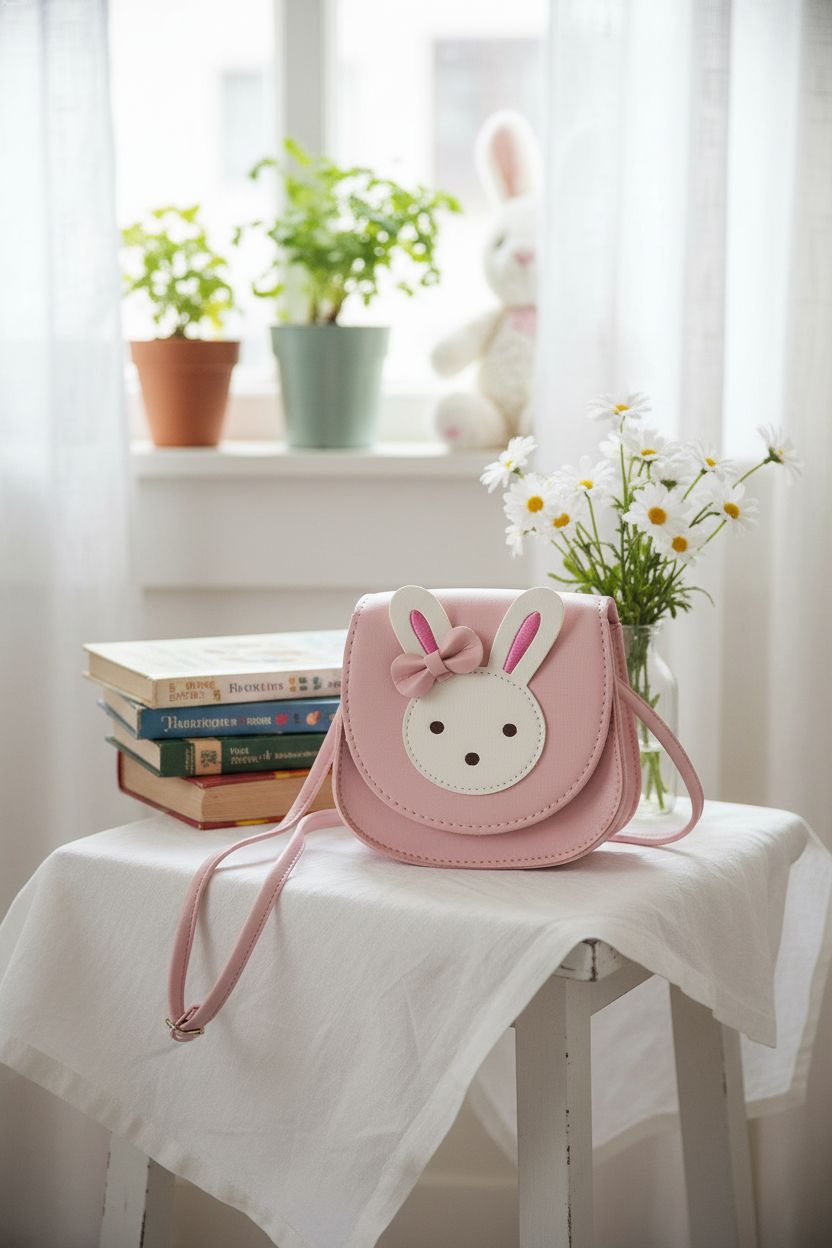 Ondeam pink bunny purse resting in a cozy reading nook, showcasing its charming design and texture.