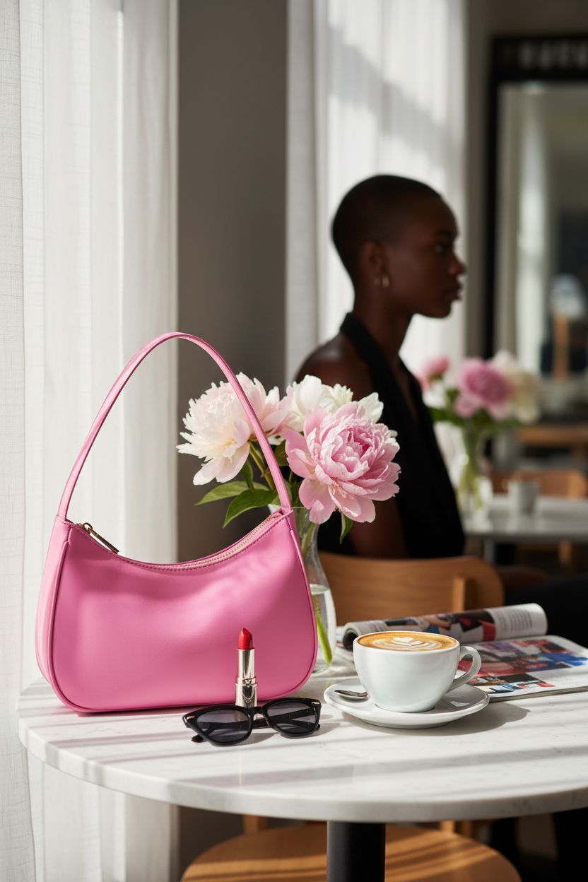Pink hobo handbag by CYHTWSDJ on a café table with peonies and a cappuccino, creating a warm ambiance.