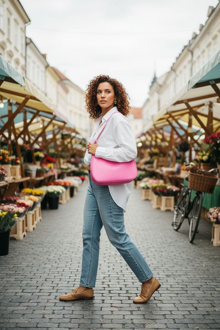 Pink hobo handbag by CYHTWSDJ resting underarm in a flower market setting.