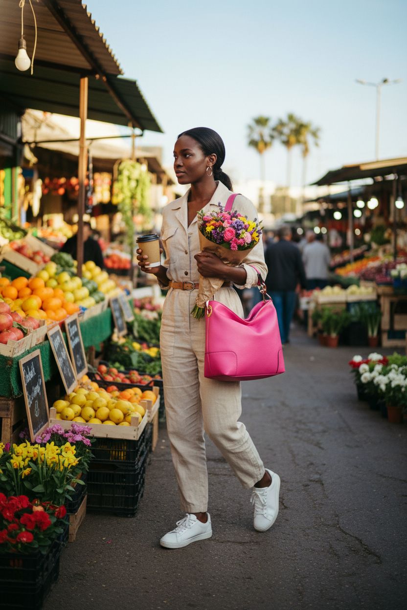 Montana West pink leather hobo bag slung over shoulder at a vibrant outdoor market, perfect for spring outings.