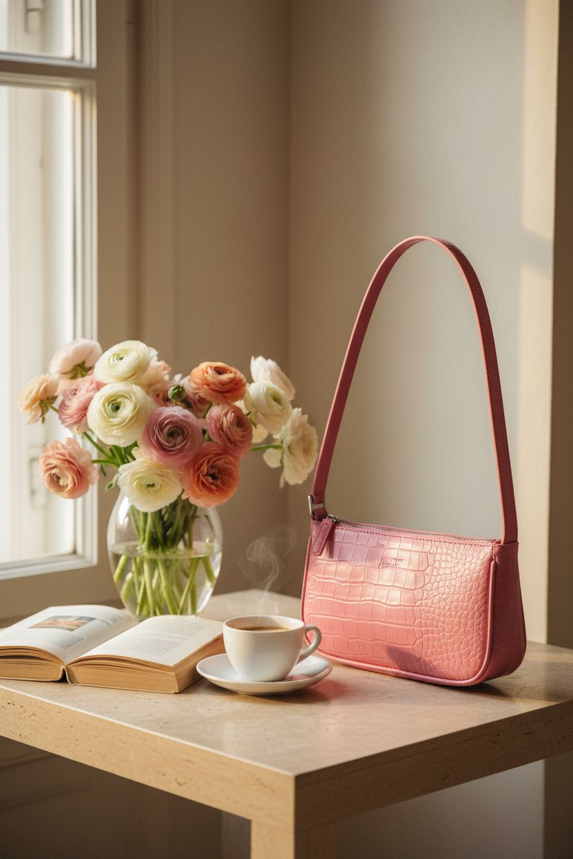 WSRYDJDL rose-pink clutch purse resting beside flowers and a book in soft morning light.