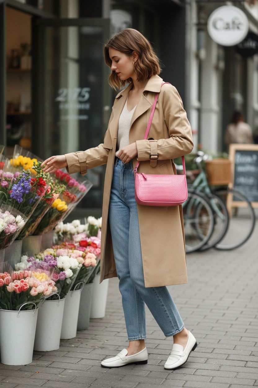 WSRYDJDL pink crocodile-embossed purse underarm, vibrant against a neutral outfit.