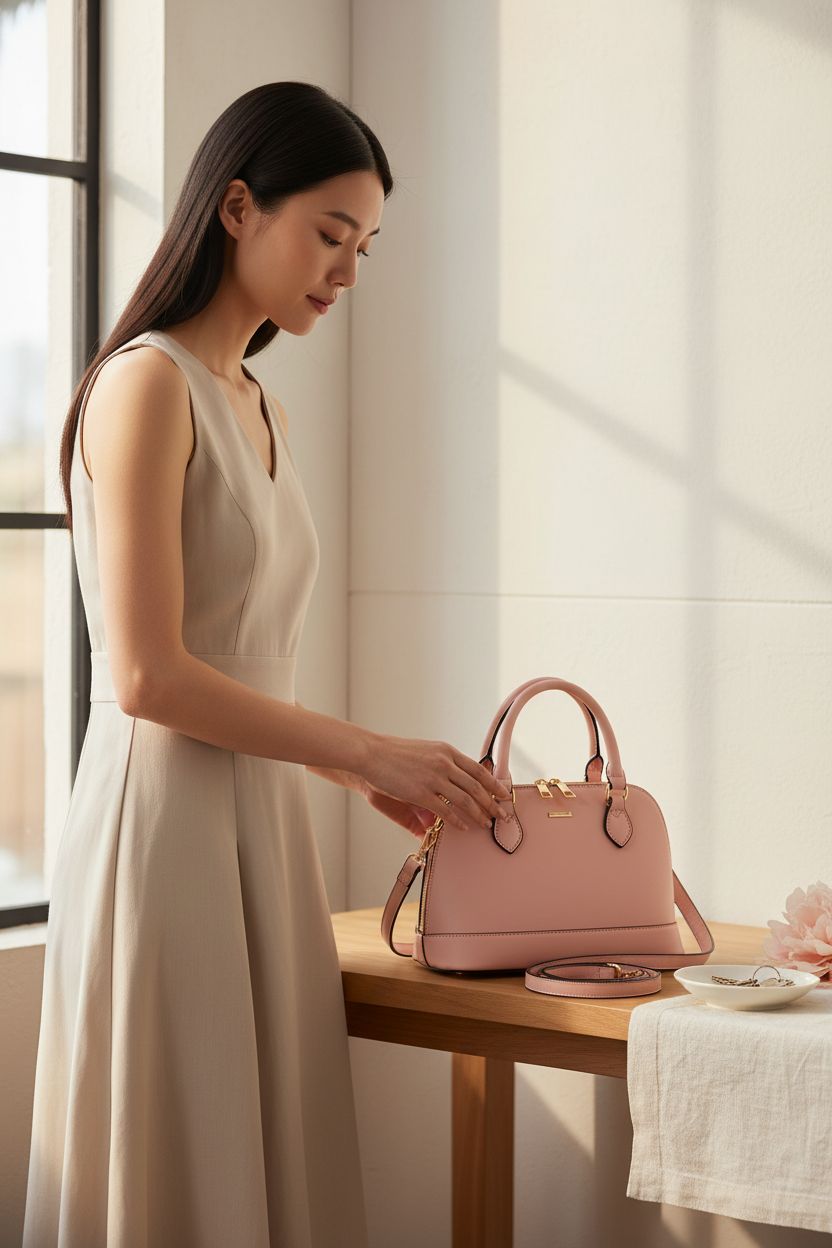 LOVEVOOK pink dome satchel purse on console with peony, bright and airy setting.