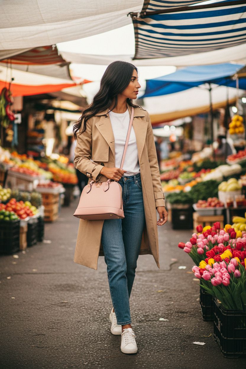 LOVEVOOK pink satchel purse in a sunny market, stylishly worn crossbody.