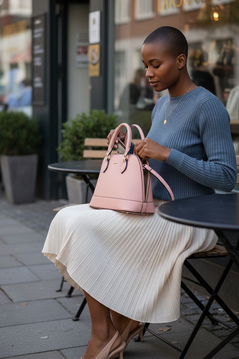 LOVEVOOK pink satchel purse on lap at a café, showcasing double zip design.