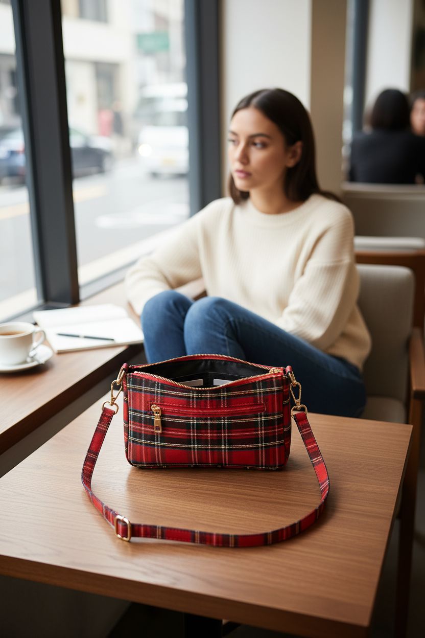Cozy café scene with VINAIDA tartan purse, perfect for everyday use.