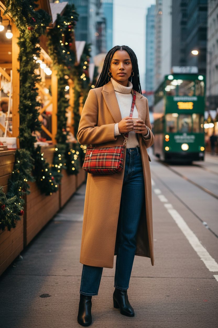 Red tartan crossbody purse by VINAIDA, styled with winter outfit at a market.