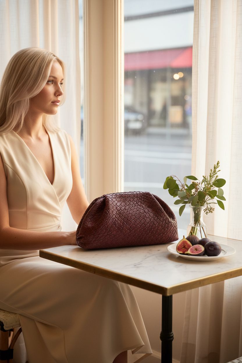 QWINEE plum clutch resting elegantly on a marble table in a cozy café ambiance.