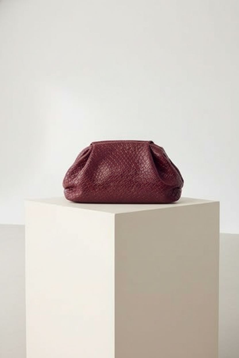 Close-up of QWINEE plum woven dumpling clutch showcasing its intricate design and faux leather sheen.