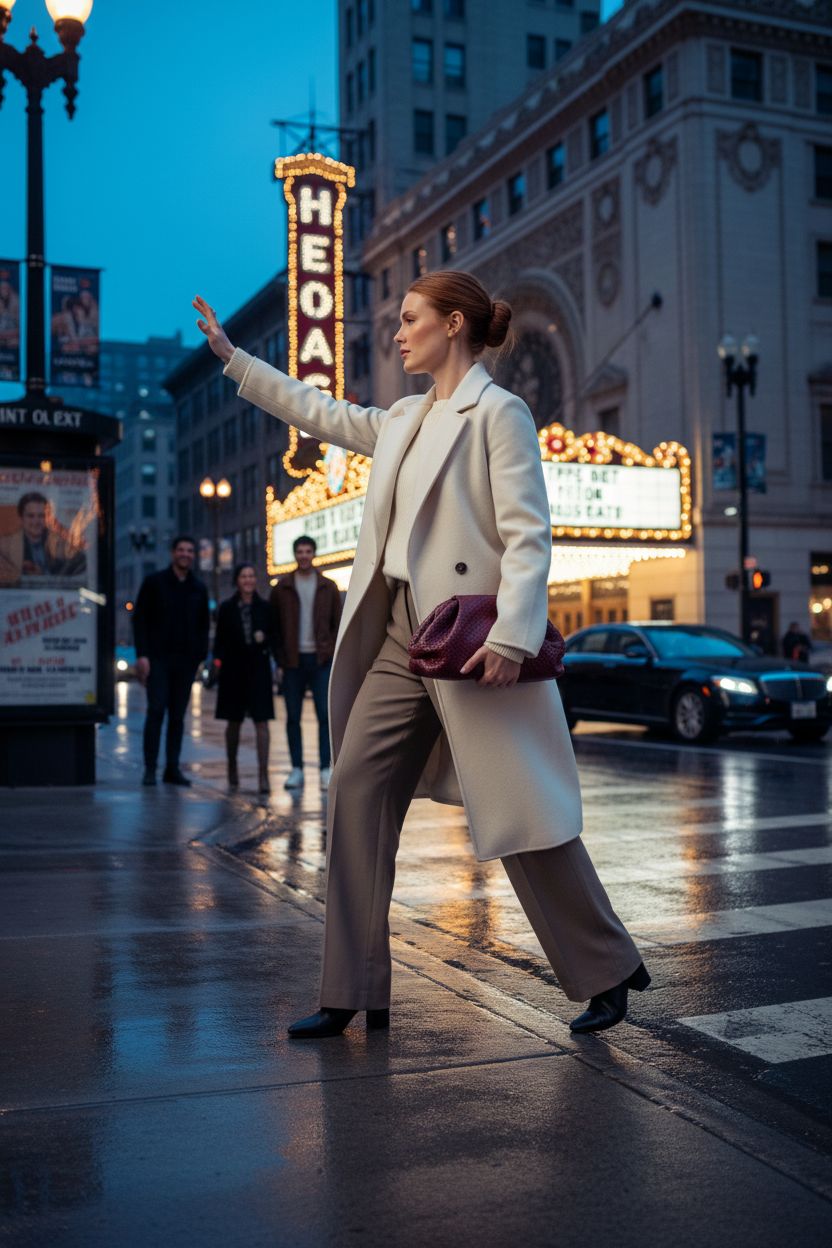 QWINEE plum dumpling clutch purse highlighted against a vibrant city nightlife backdrop.