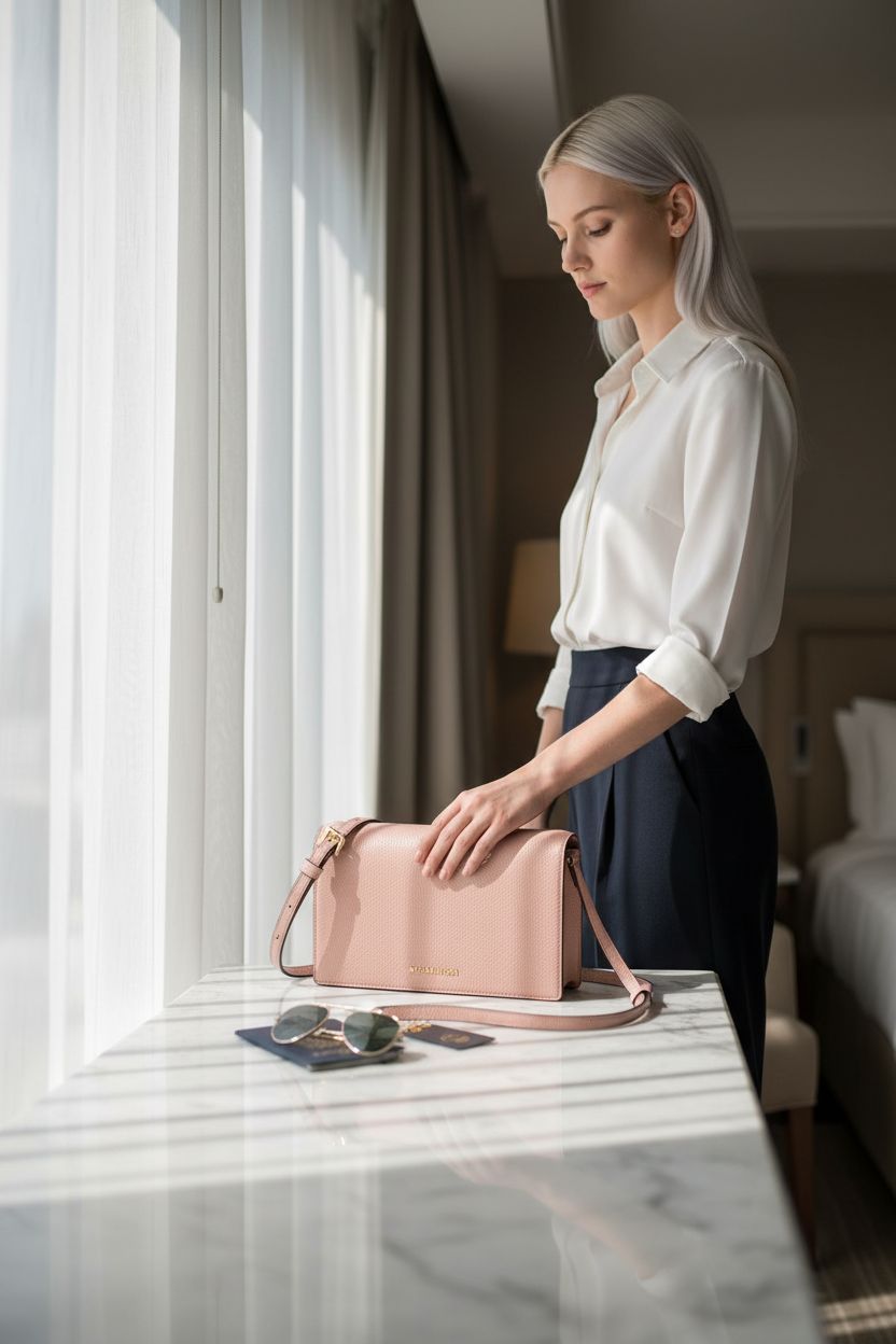 Michael Kors Jet Set Medium Flap Crossbody Bag placed elegantly in a hotel suite, suggesting a designer getaway.