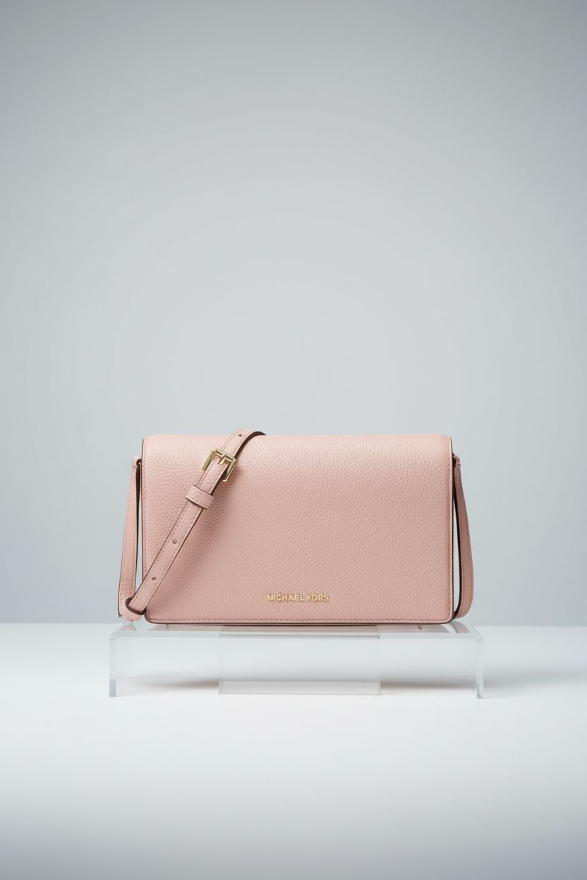 Close-up of Michael Kors Jet Set Crossbody Bag highlighting soft pink pebbled leather and gold-tone hardware details.