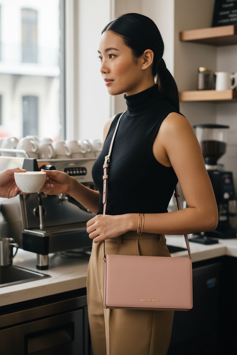 Michael Kors Jet Set Medium Flap Crossbody Bag in soft pink at a stylish café, showcasing gold-tone hardware.