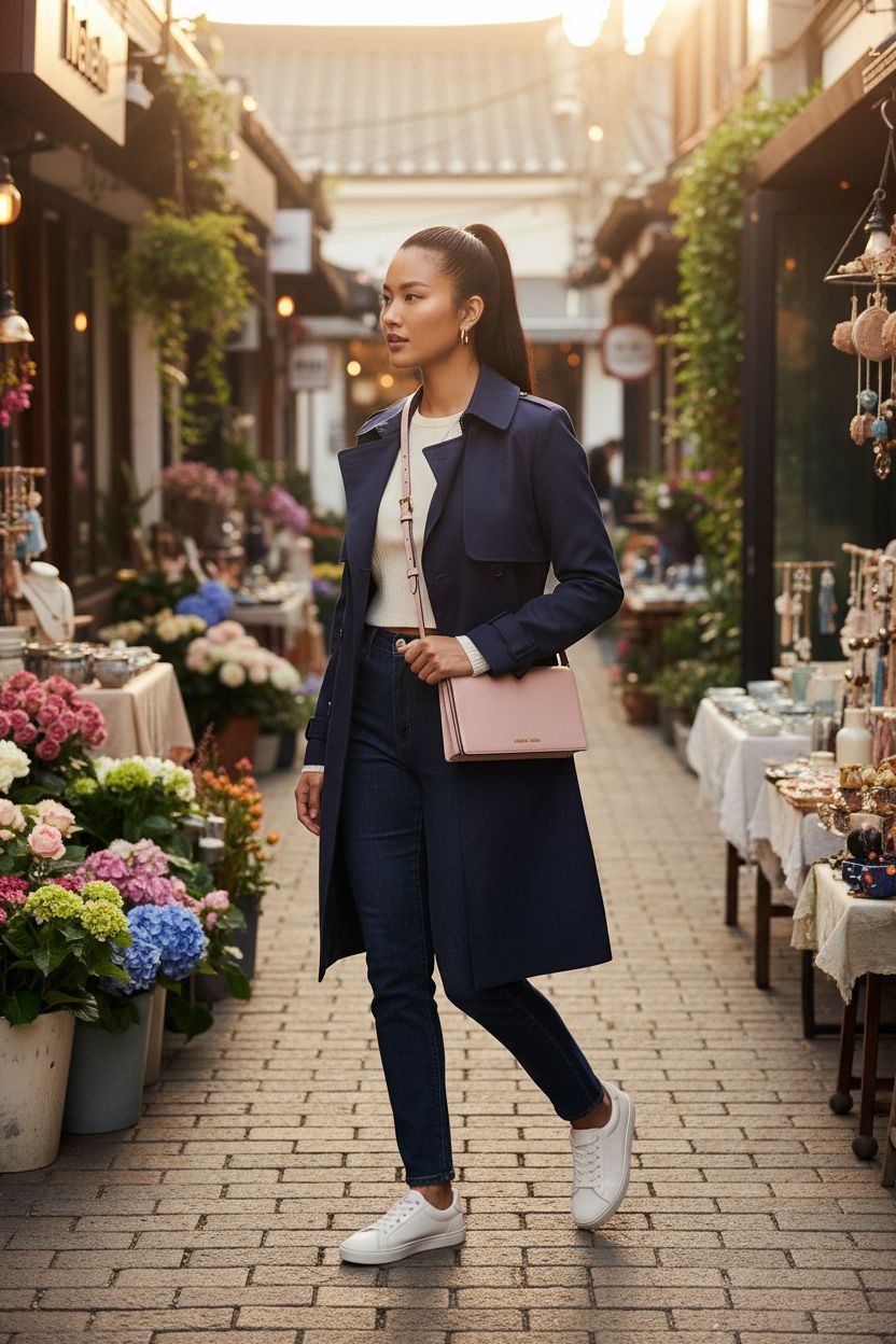 Michael Kors soft pink crossbody bag in a chic outdoor market, highlighting its stylish design and pebbled leather.
