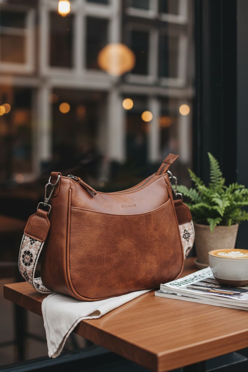 APHISON Crossbody Purse displayed on a cozy café table, showcasing vegan leather and floral strap.