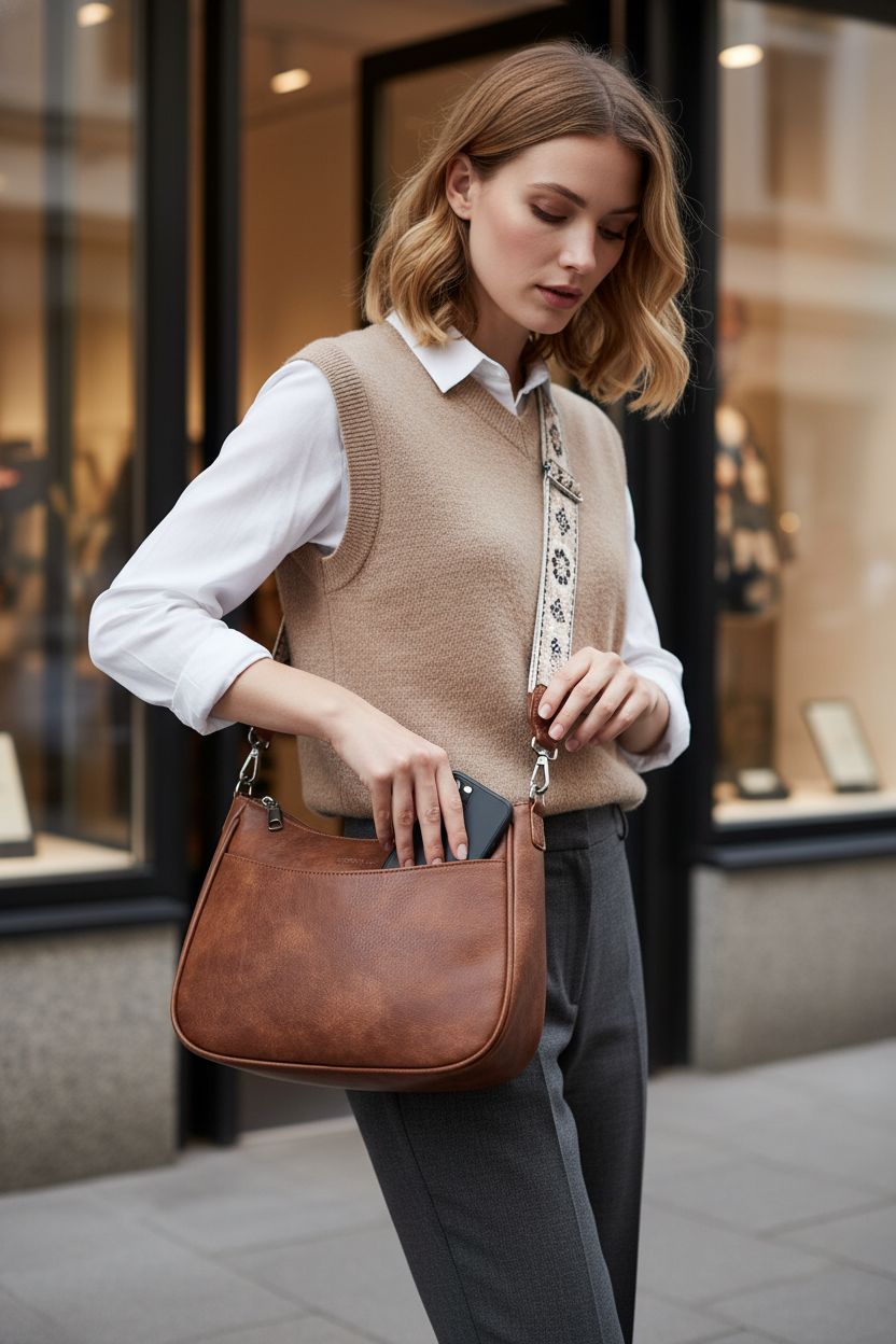 APHISON Trendy Leather Crossbody Purse with adjustable strap, brown leather bag with floral strap.