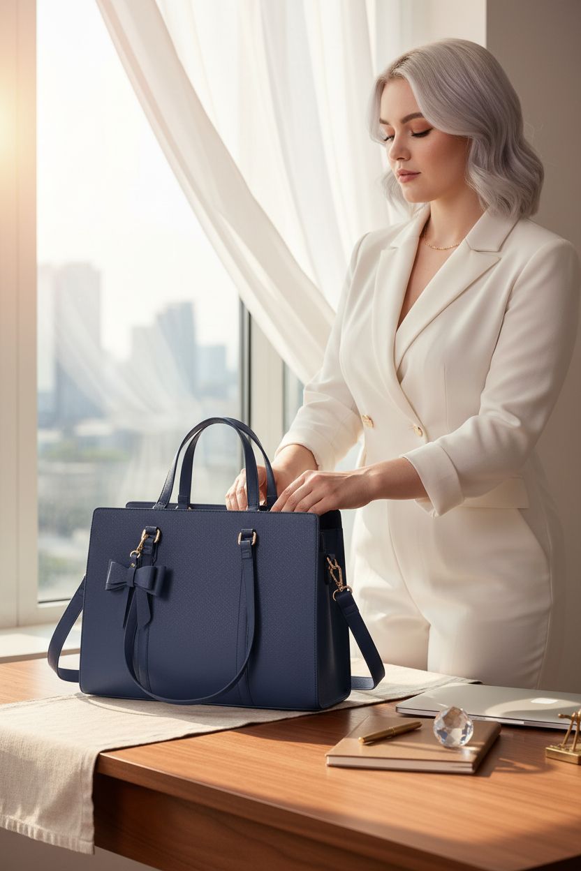 NUBILY navy laptop bag elegantly displayed on a walnut desk in a sunlit office nook.