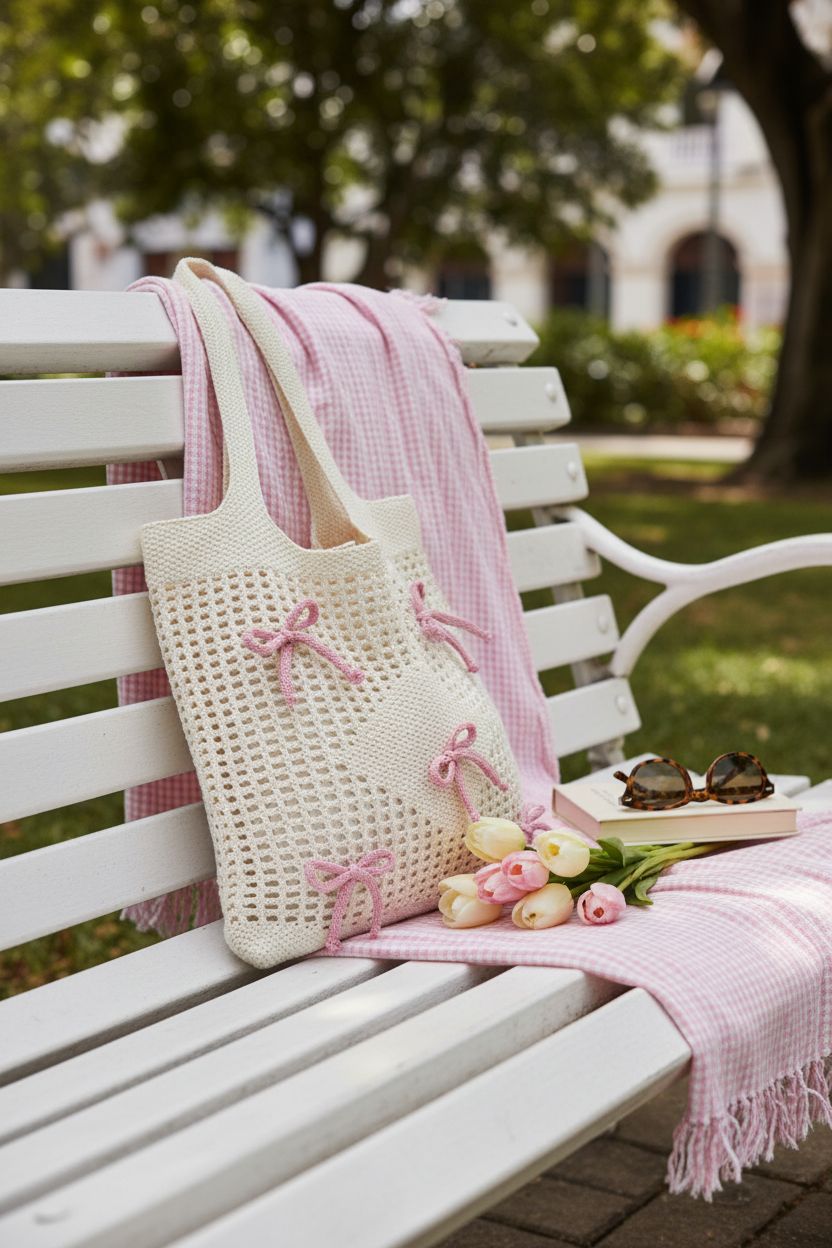 Clysee Bow Crochet Tote Bag in a park, accentuating a fresh preppy picnic vibe with flowers and a book.