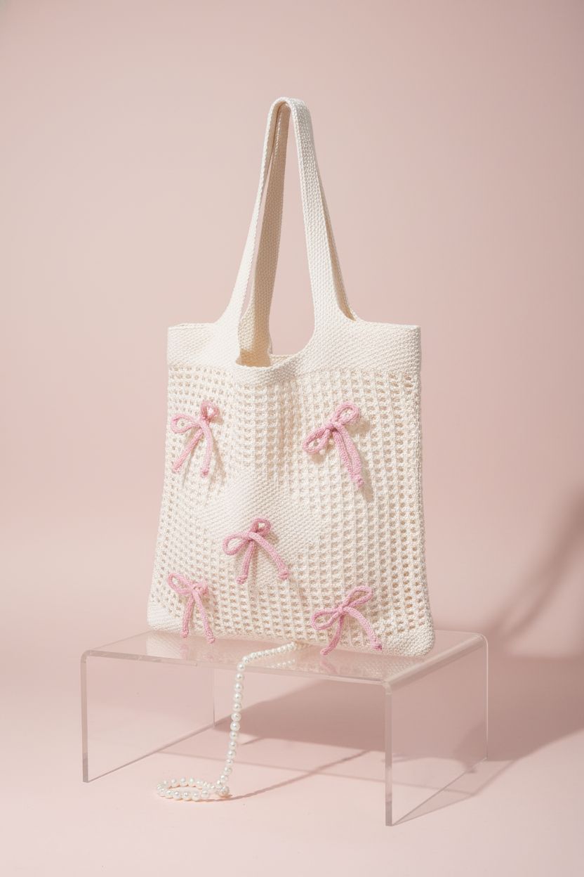 Clysee Bow Crochet Tote Bag displayed elegantly on acrylic, highlighting its coquette-inspired design.