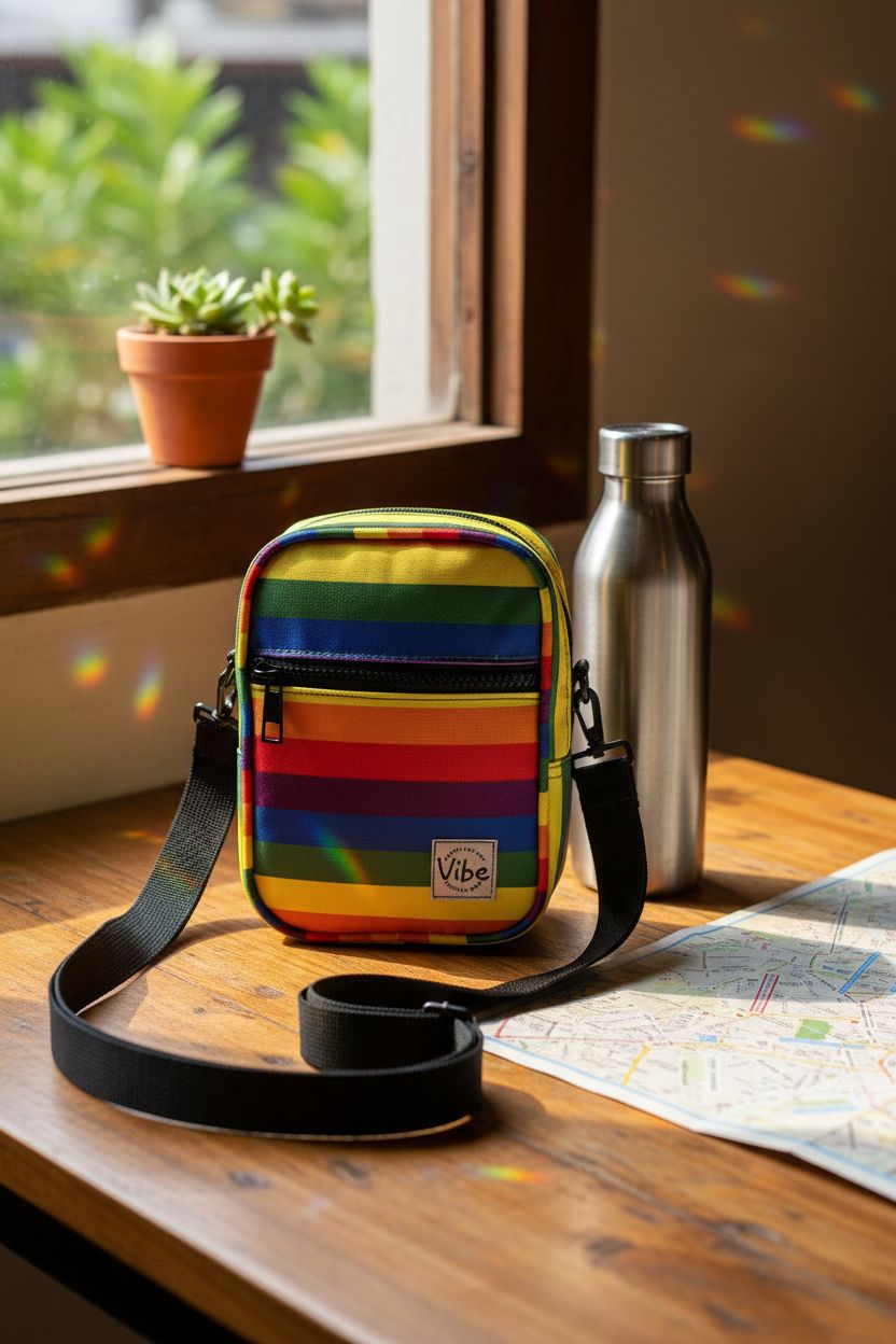 Vibe Festival Gear pride purse beside a coffee and map, highlighting its recycled material and rainbow design.