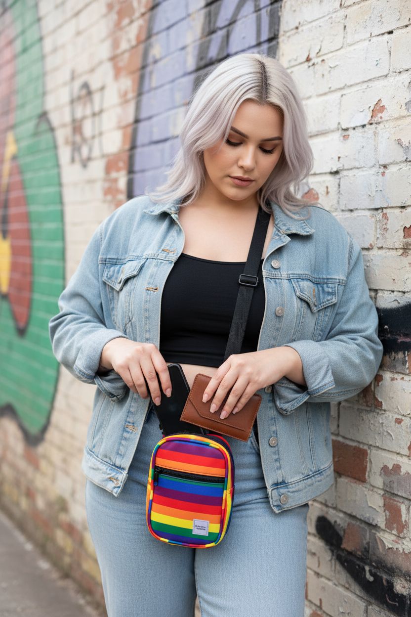 Vibe Festival Gear pride purse in rainbow colors, featuring crossbody style and zippers, perfect for festivals.