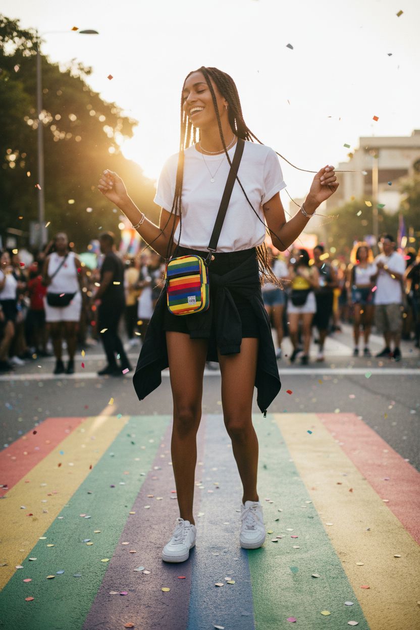 Vibe Festival Gear pride purse worn as a fanny pack, showcasing vibrant colors during a lively parade.