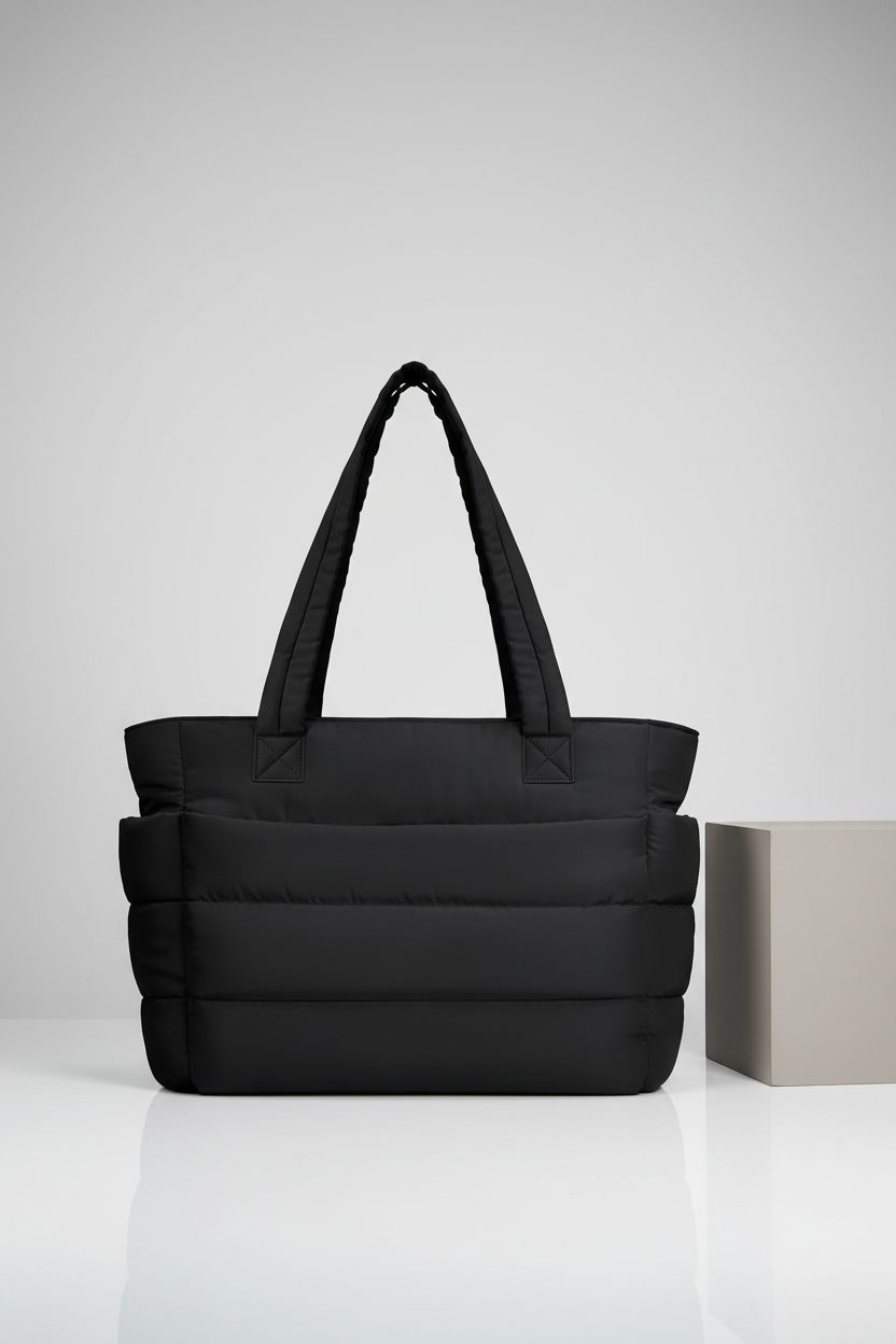 TOPDesign Puffer Tote Bag displayed on a grey backdrop, showcasing its quilted texture and sleek design.