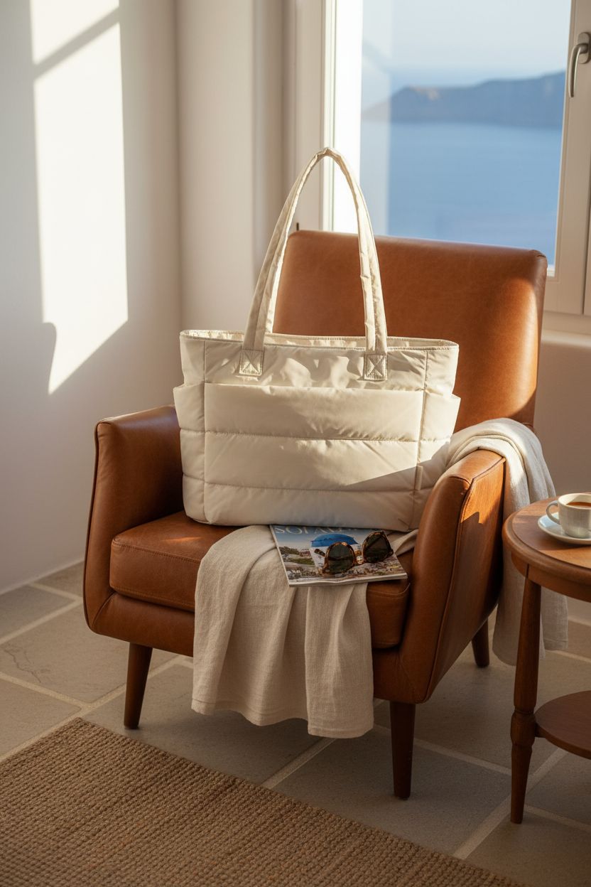 BAGSMART beige puffer tote bag on leather chair in boutique hotel
